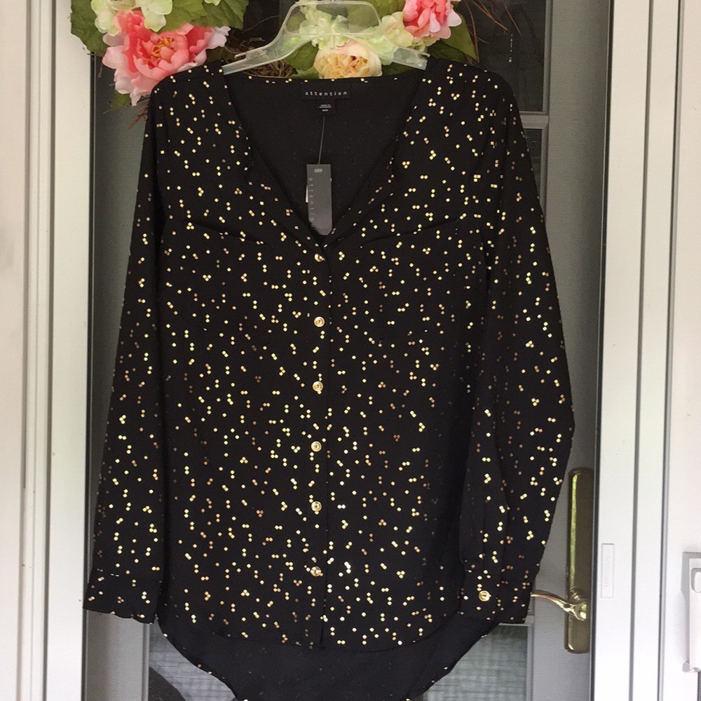Black w golden diamond prints long sleeves blouse